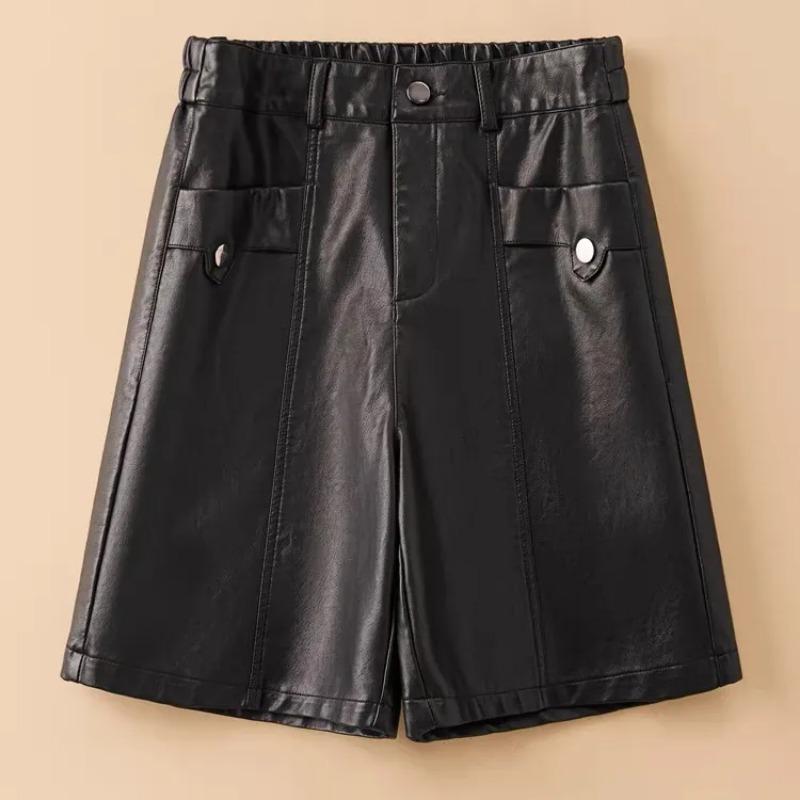 Women s Faux Leather High Waist Pocket Detail A Line Shorts S чёрный