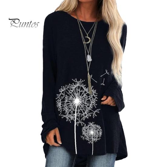 Damen-Tunika-Oberteil in Übergröße mit Löwenzahn-Print, Longline-Shirt, Rundhalsausschnitt, Langarm, Pullover, T-Shirt, lässige Bluse mit lockerer Passform für die Arbeit, den Alltag