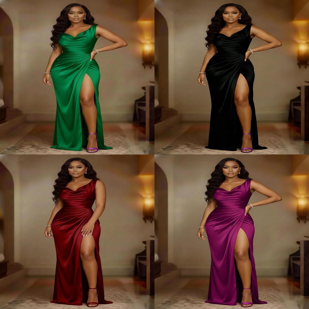 Elegant Satin Slit Hem Sleeveless Mermaid Dress With High Waist For Evening Parties