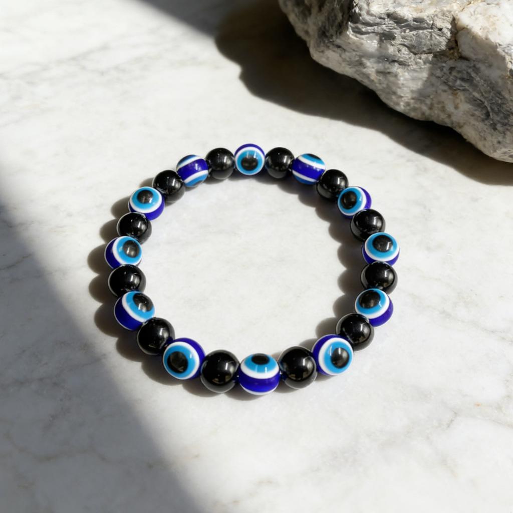 European American Hot Blue Evil Eye Bracelet Shiny Black Stone Handmade Beaded Bracelet Fashion Personality Wrist Jewelry