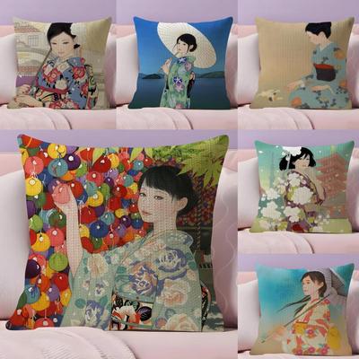 Kimono Girl Japanese Style Cushion Cover Natural Linen Pillow Case DoubleSided Print Decorative Sofa Pillowcase Home Decor Gift