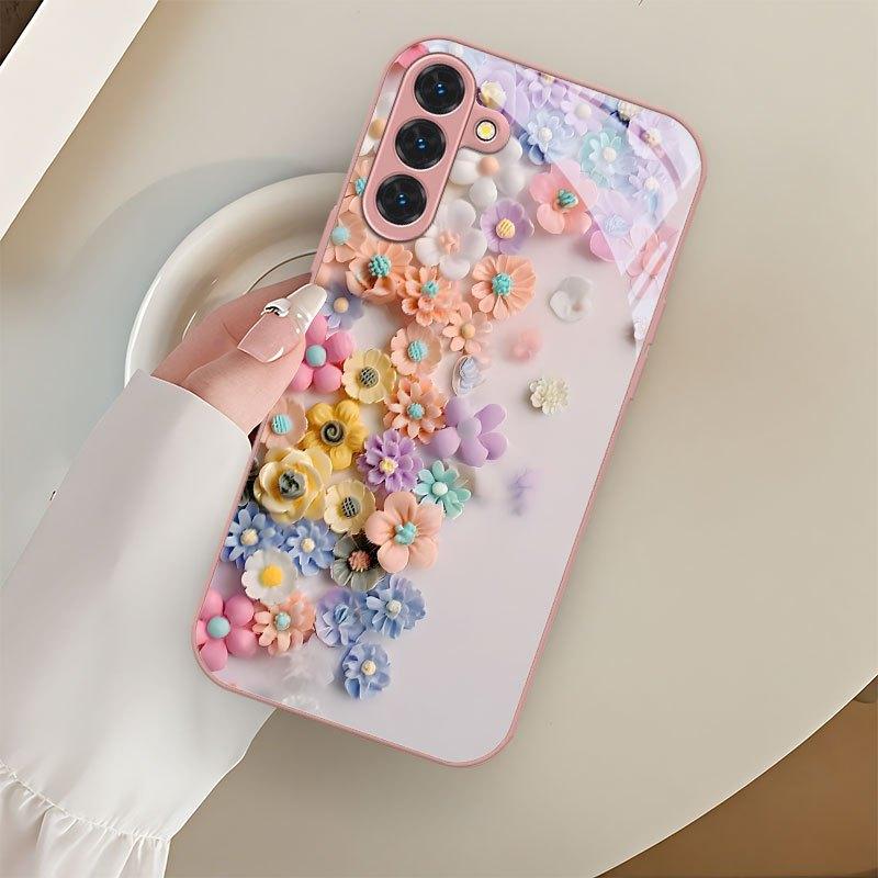 Colorful Floral Pattern Metal Paint Glass Phone Case Suitable for Samsung Galaxy S26 S25 S24 S22 S21 S20 FE/Ultra/Plus Anti Drop