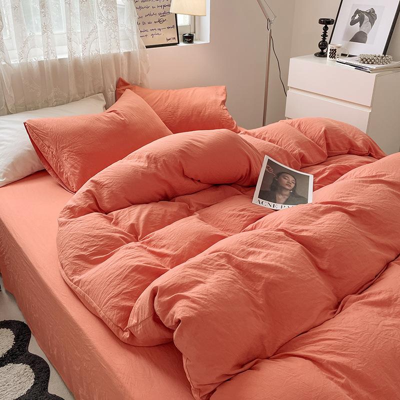 Bed Sheet Quilt Cover Nude Sleeping Pure Cotton Four-piece Set Washed Cotton Soft Bed Sheet Quilt Cover Solid Color Bedding