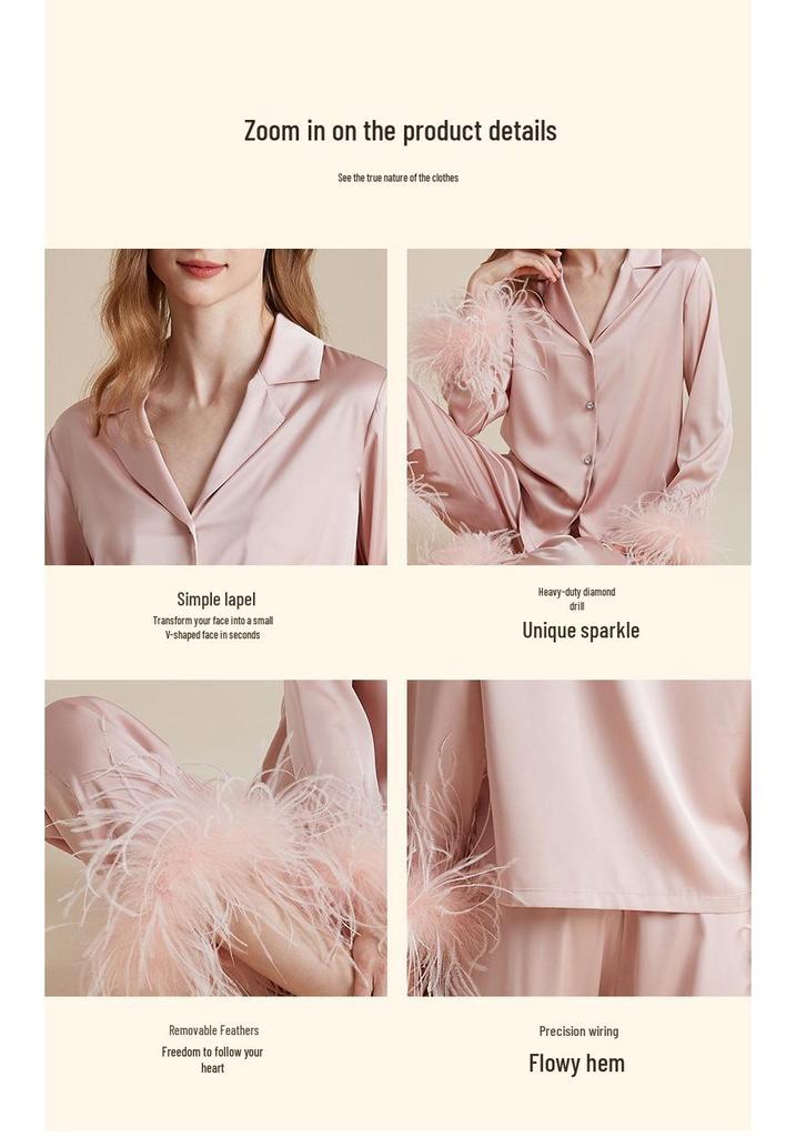 Women's Ice Silk Autumn Pajama Set with Detachable Feather Accents, Long Sleeve and Pants, French High-End Pure Desire Style