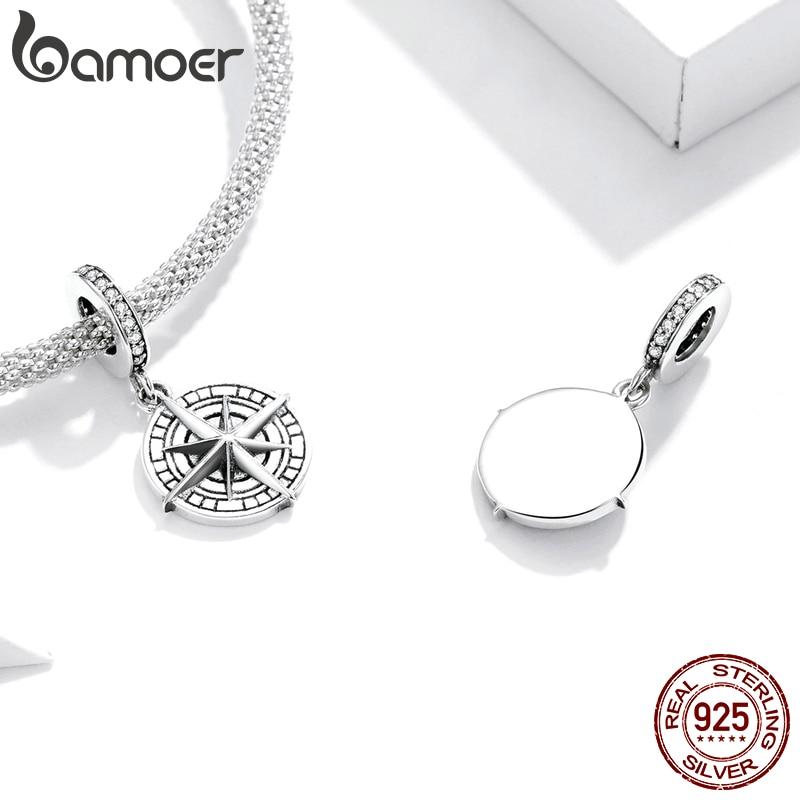 Bamoer 925 sterlingsølv reiseeventyrserier for terrengkjøretøy kompass sjarmanheng passer til originale 3MM armbåndsmykker