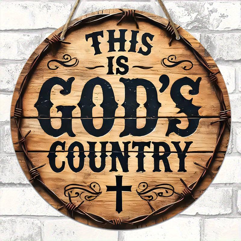 Vintage Chic Wooden Round Sign Pendant - Inspirational"This Is Gods Country" Quote, Perfect for Home & Farmhouse Decor, Ideal Gift for Living Room