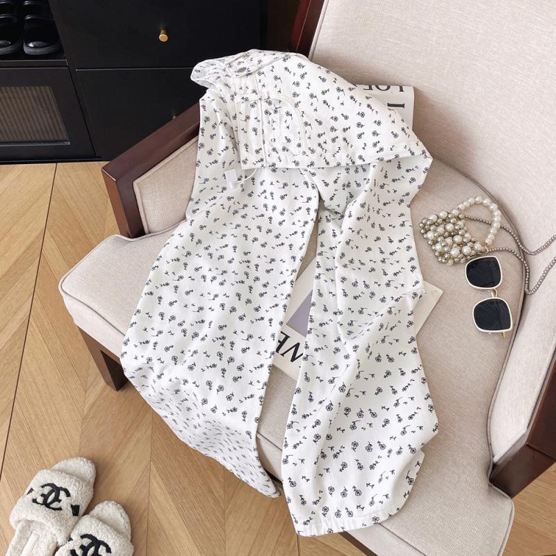 Spring/Summer Korean Style High Waist Floral White Wide-Leg Denim Pants for Women