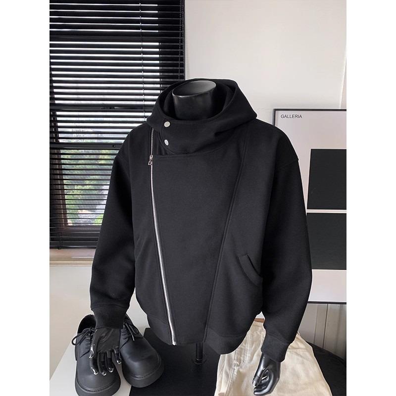 Men's Heavyweight Hooded Sweatshirt with Diagonal Zipper - Short, Boxy Fit