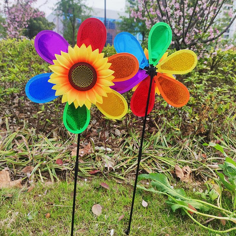Wind Spinners Outdoor Sunflower Reflective Pinwheel Colorful Rainbow Decor Bird Scare Device for Farm Lawn House Orchard Pool