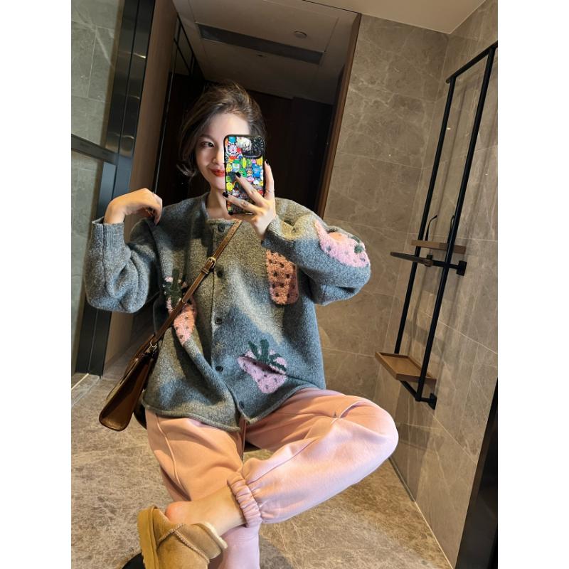 

DIMANAF 2023 Свитера больших размеров Осень Зима Женщины Клубника Куртка Трикотаж Мода Оверсайз Повседневный Стиль Свободный Кардиган Свитер