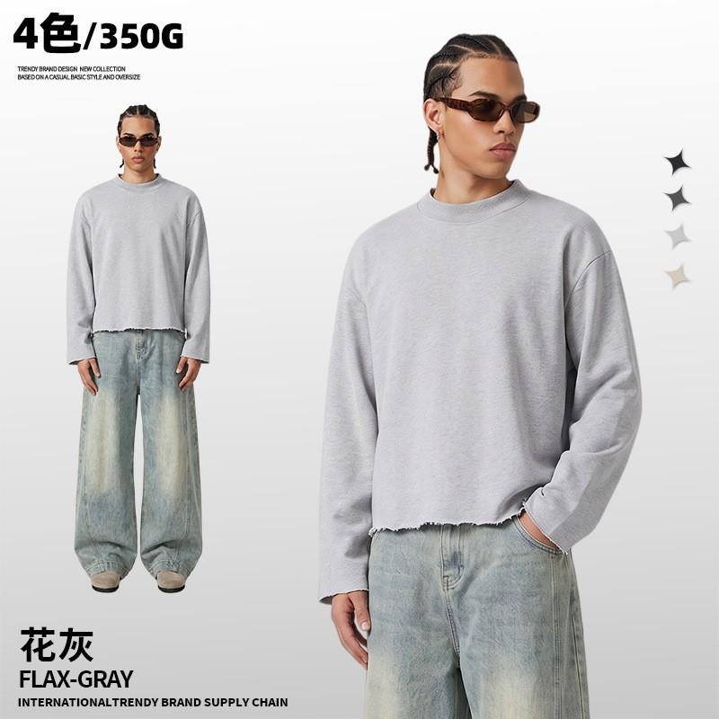 Mens Heavyweight 350g Cotton Blend Crewneck Sweatshirt With Raw Hem Loose Fit Winter Solid Color
