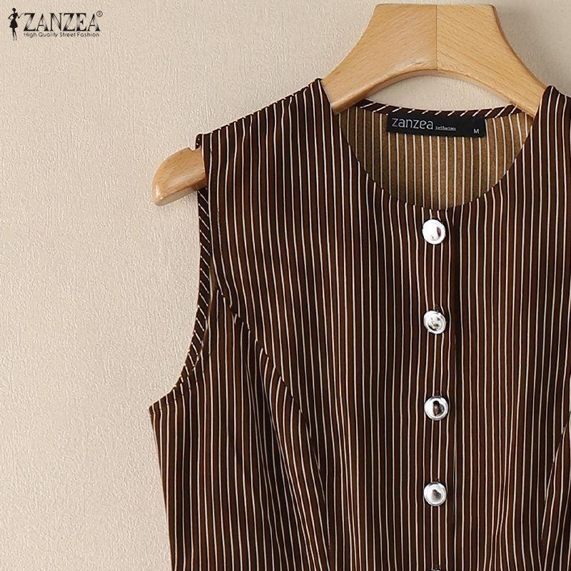 ZANZEA Women Sleeveless Vest Tops and Pants Stripe Print Two Piece Suit Sets