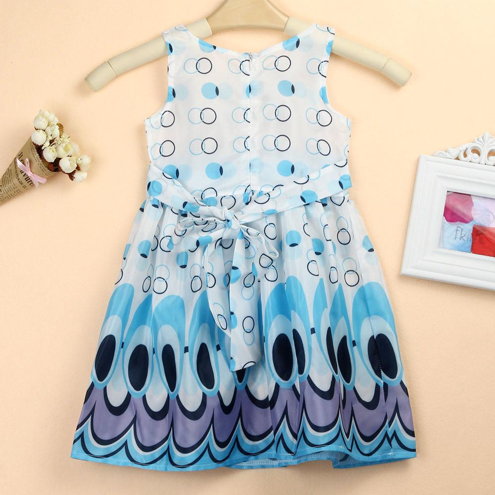 Summer Kids Girls Bow Belt Sleeveless Bubble Peacock Party Prom Dress Clothing