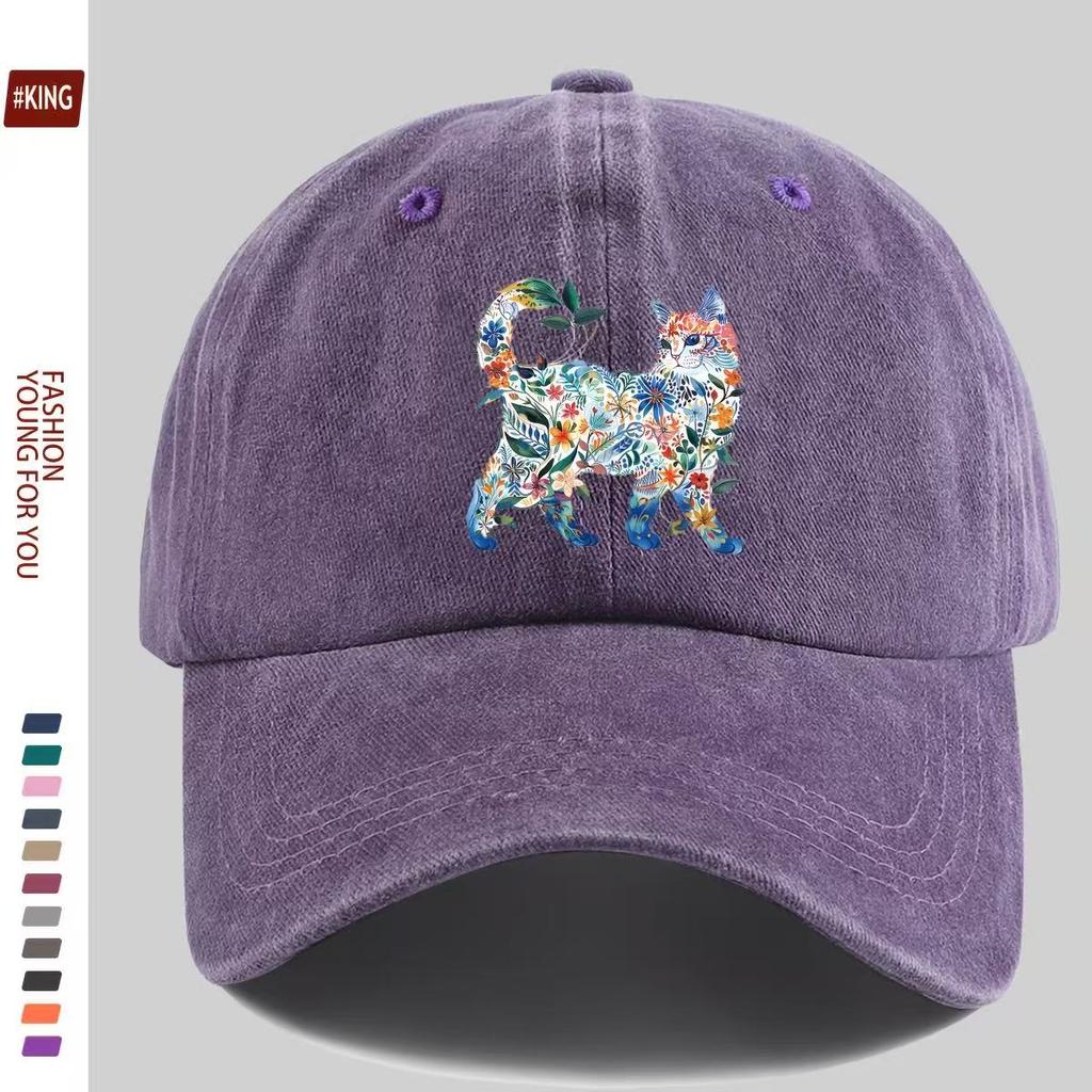 1Pc Women'S Vibrant Floral Cat Baseball Cap - Adjustable Snapback, Lightweight Breathable Unisex Hat For Outdoor Sports, Parties