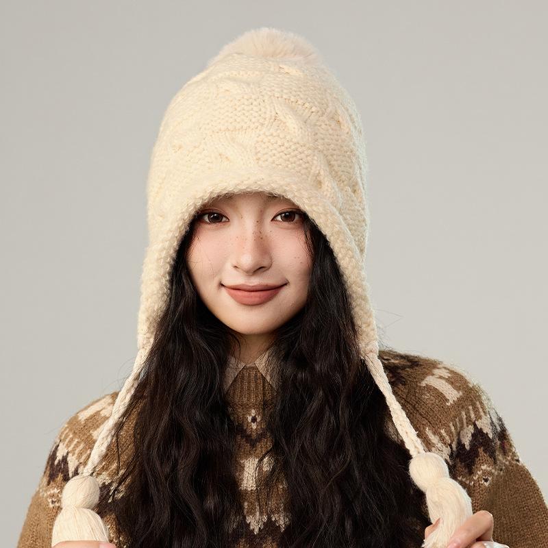 Winter Solid Color Fringed Hairball Knitted Hat Women's Wool Hat Fashion Ear Hat