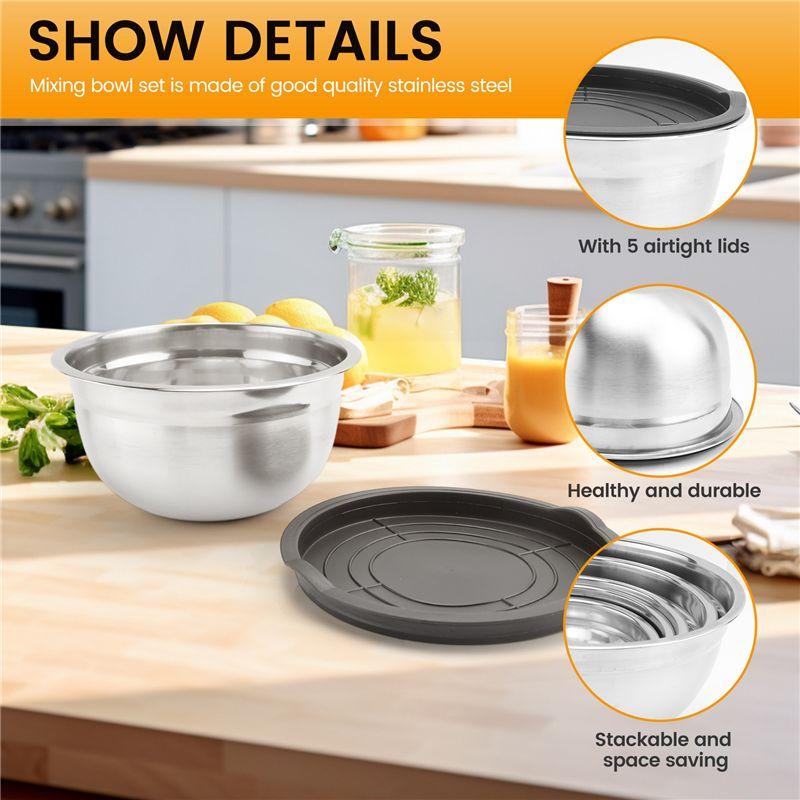 Aug. 5 Pcs Mixing Bowl,Stainless Steel Stackable Salad Bowl With Airtight Lid,Serving Bowl For Kitchen Cooking Baking,Etc