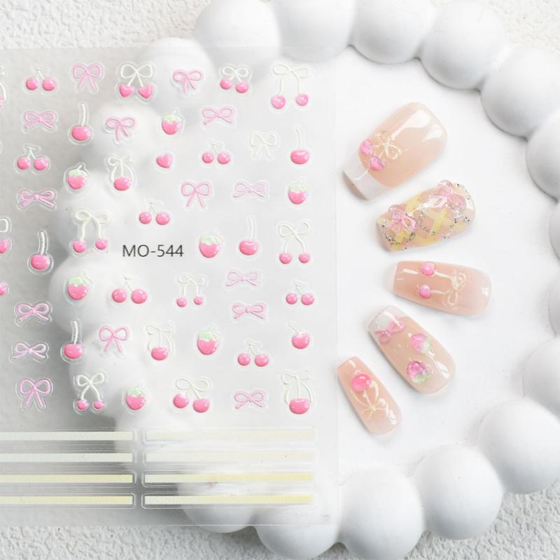 1 Sheet Kawaii Cherry Bow Nail Stickers 5D Cute Fruit Design Adhesive Decorative Stickers Nail Art Stickers