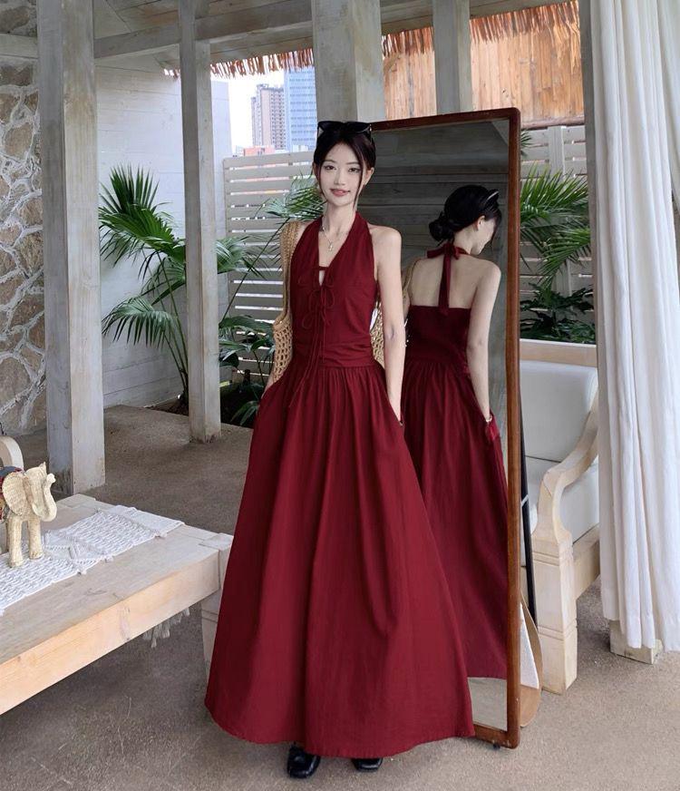 Korean Chic Backless Summer Dress - Solid Color, Unique Style, Long Girly Design