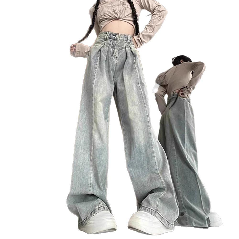 Jeans de pierna ancha de talle alto para mujer – Forma de pera, Verano, Corte holgado, Largo hasta el suelo, Pierna recta.