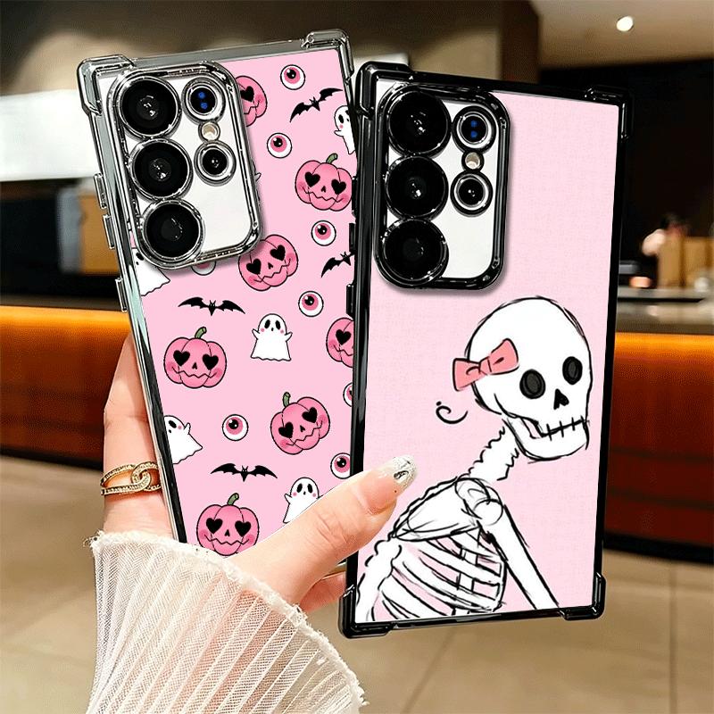 Pink Style Skull Witch Plating Phone Case For Samsung Galaxy S24 S25 FE S26 Edge S23 Ultra S22 S21 Plus S20 Anti-Fall Airabag Co