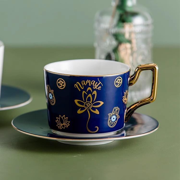 Juego de Taza de Café y Té de Cerámica con Platillo, Moda Europea Azul Ojo Maligno, 250ml, para Té de la Tarde en Casa