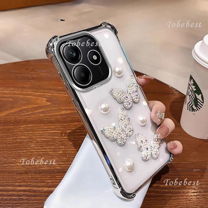 Husă 3D cu Fluture Perlat, Silicon Placat Antișoc pentru Xiaomi Redmi Note 14 14C 13 13C 13R 12 11 11S 10 10S 9 Pro 4G 5G