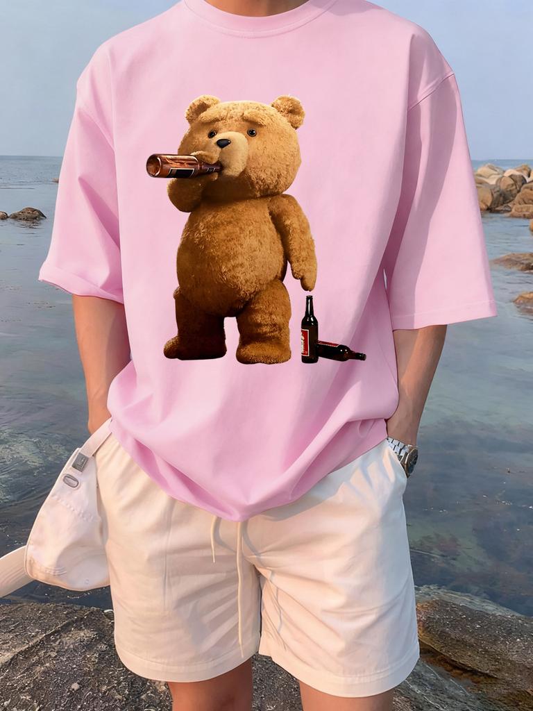 The Melancholic Bear Drinking Printing TShirt Women Cotton Summer T Shirt Comfortable Loose ONeck Tops Street Woman Clothes