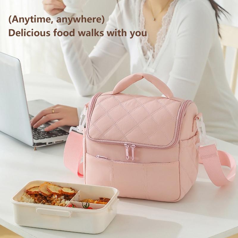 Pink Quilted Insulated Lunch Bag With Removable Strap Padded Handle For Work School Picnics
