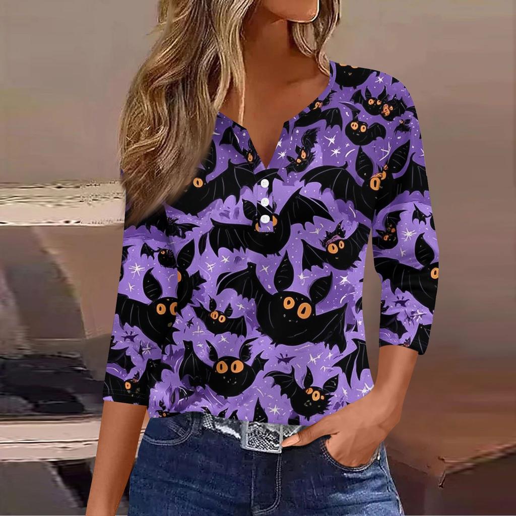 Women's Casual Fashion V-neck Loose Versatile Halloween Print Three-quarter Sleeve Top