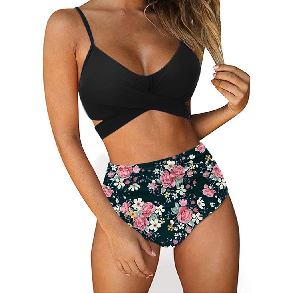 Two Piece Swimsuit For Women High Waisted Sexy Bathing Cross Push Up Bra Bikini Floral Print Wrap Swim Bottom