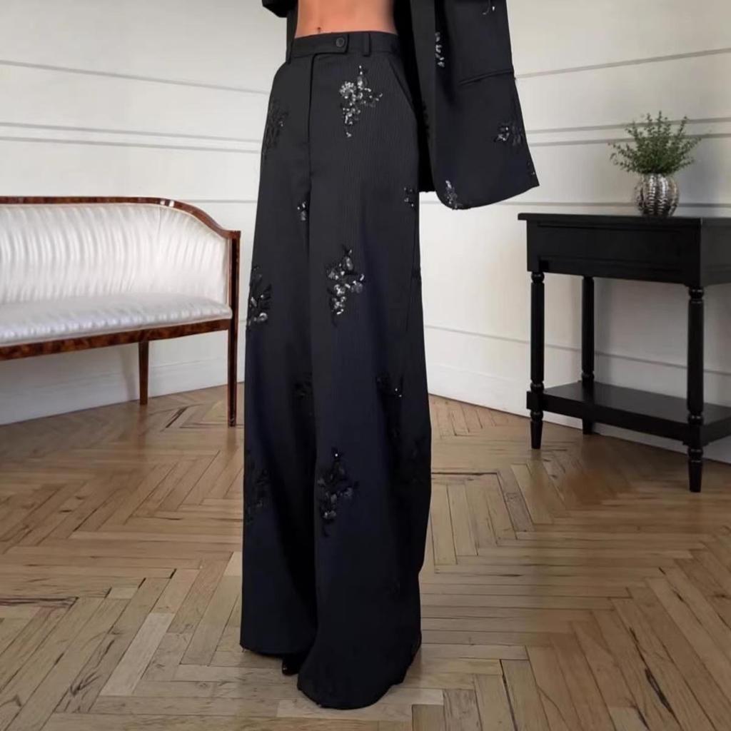 2026 Spring Women's Sequin Embroidery Suit Jacket & Straight-Leg Pants Set