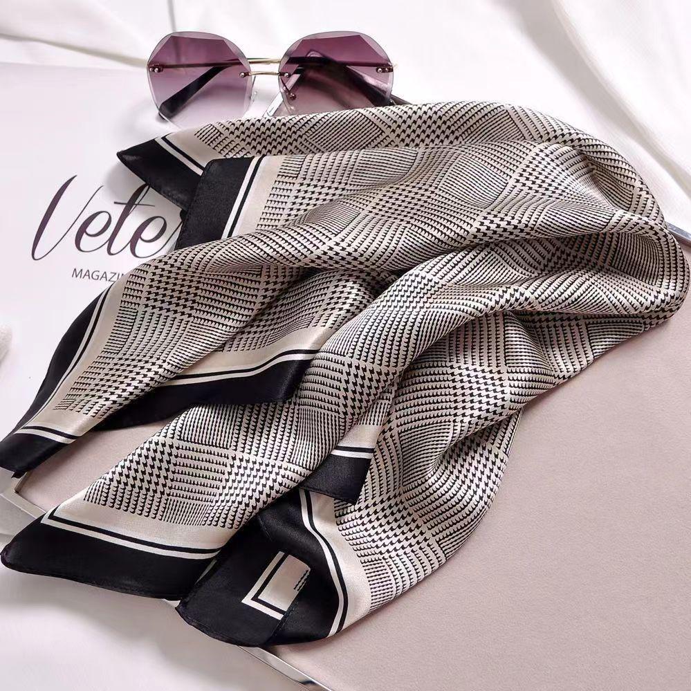 High-End Women's Lightweight Silk Square Scarf - Temperament Print Neckerchief for Neck Protection and Decoration.