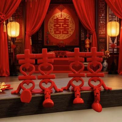 2Pcs Red 3D Xi Word Ornaments Traditional Creative Double Happiness Ornaments Chinese Style Good Luck Fu Character Desktop Decor
