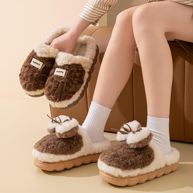 Bow plush cotton slippers women's 2025 new winter non-slip thick bottom piled thickened warm home cotton mop