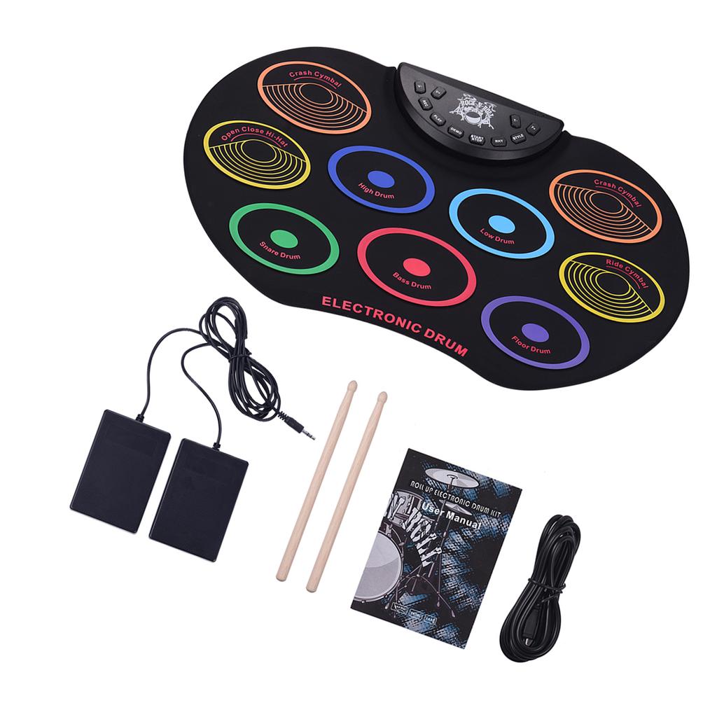Roll-Up Drum Set Electronic Drum Kit 9 Silicon Drum Pads USB/Battery Powered with Drumsticks Foot Pedals for Children Kids