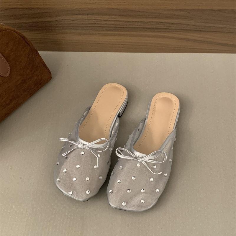 

Fashion Women s Summer Rhinestone Decor Lace Mules Breathable Mesh Ladies Slippers Fashion Cover Toe Dress Flats Slides for Women 39 серебряный