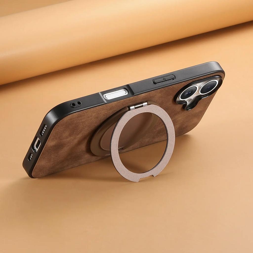 360 Rotating Ring Holder Kickstand Case For iPhone 16 Pro Max 15 Plus 14 13 12 11 SE 2024 Retro Pu Leather Back Magnetic Cover