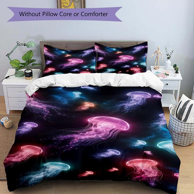 3pcs Colorful Jellyfish Bedding Set - Includes One Quilt Cover and Two Pillowcases (No Filling) - Anime Cartoon Design, Polyester Fabric, Su