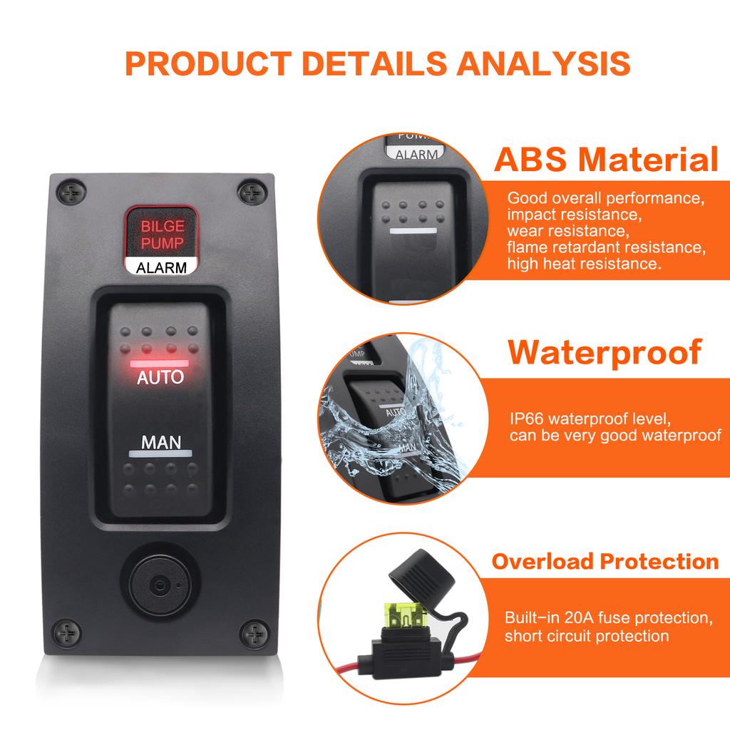 12V Bilge Pump Control Switch Panel 3 Way Manual/Off/Auto with LED Indicator 5A Fuse for Yacht Camper Truck Marine Boat