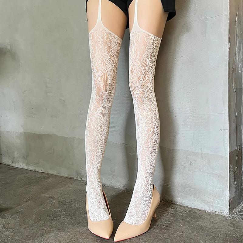 Y2K Fishnet Thigh High Garter Stockings Patterned Tights for Women Garter Belt Set Suspender Pantyhose for Girl Jk Blank White