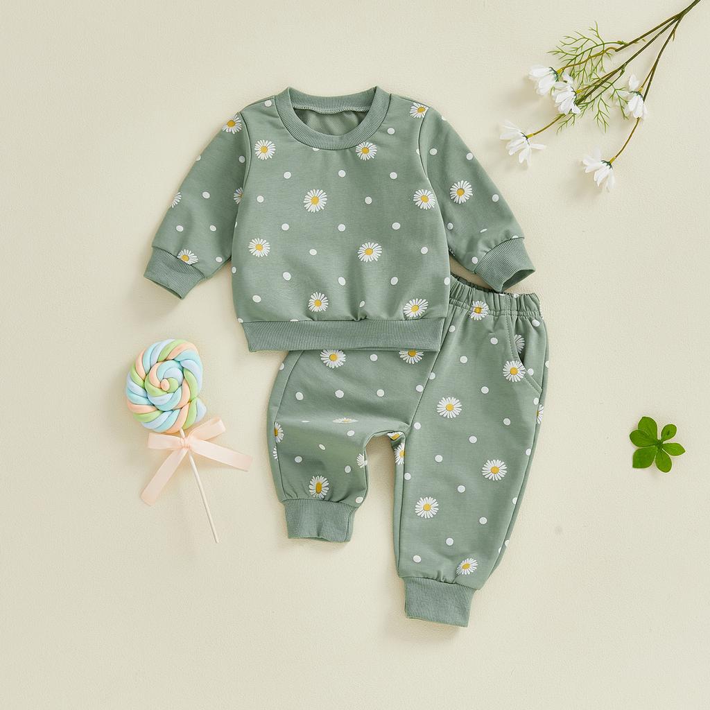 Baby Girls 2-piece Outfit Flower Print Long Sleeve Crew Neck Sweatshirt with Elastic Waist Sweatpants Fall Clothes