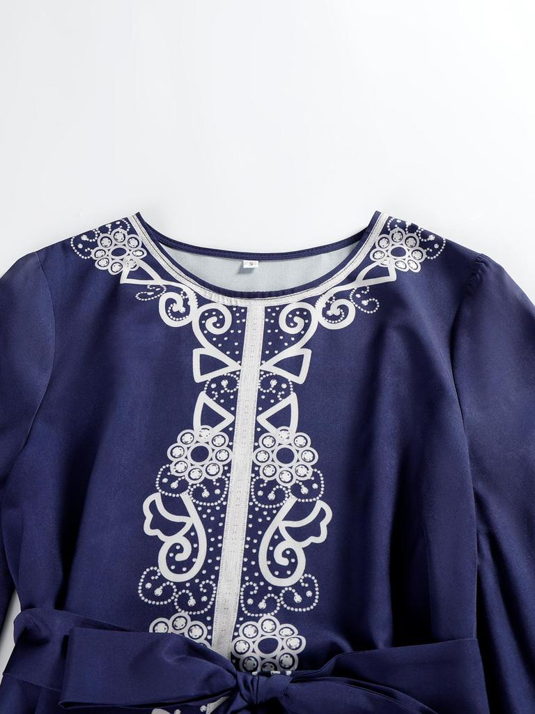 Arabic Party Bell Sleeve Digital Print Long Dress