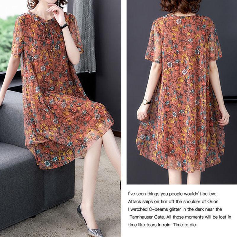 Women's Oversized Dress Printing Round Neck Short Sleeved Loose Mesh Dress Mid Length Simple Commuting Summer