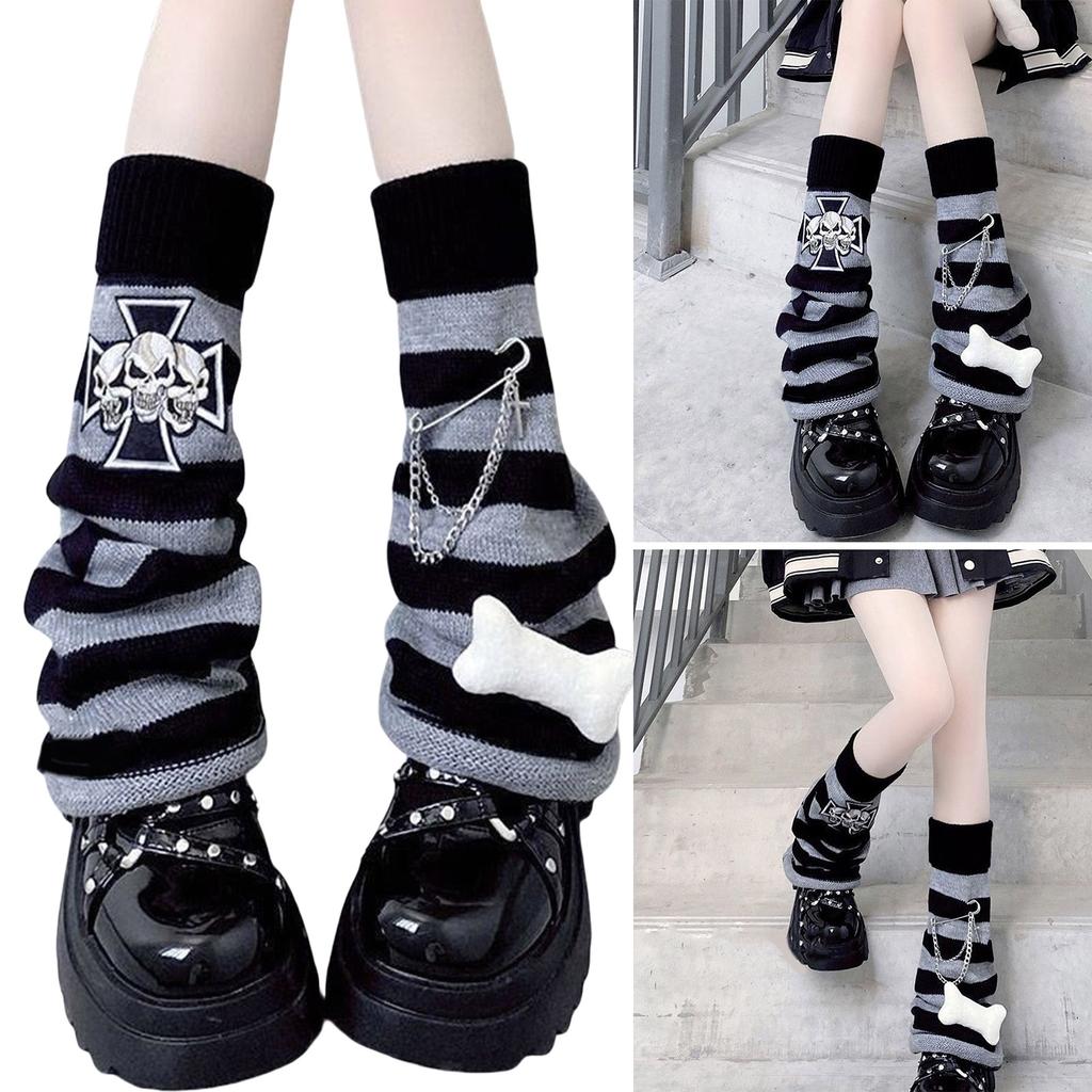 Gothic Women Leg Warmers Harajuku Punk Bone Skull Crosses Flared Knitted Foot Cover Winter Warm Long Socks Streetwe