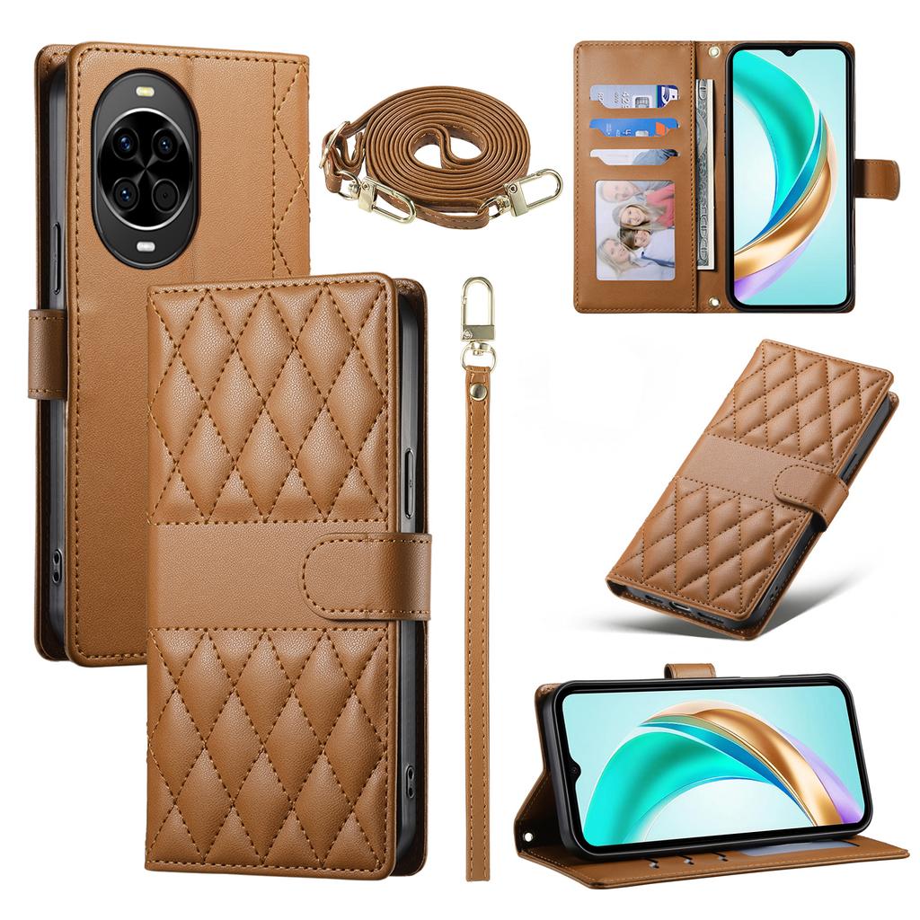 For Huawei Nova 14 5G Case Rhombus Stitching Wallet Stand Leather Phone Cover with Long/Short Strap
