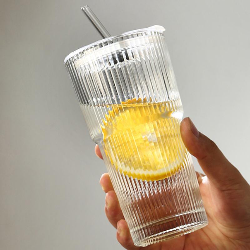 High Profile Horizontal Glass Straw Vertical  Cup With Lid Water Cup Iced Americano Latte Cup