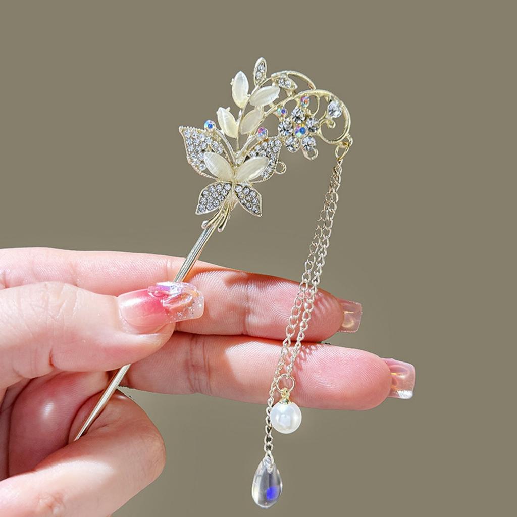 Light Luxury Women's Hairpin Glitter Rhinestone Flower Tassel Hair Stick Daily Life Travel Shopping Party Elegant Hair Accessory