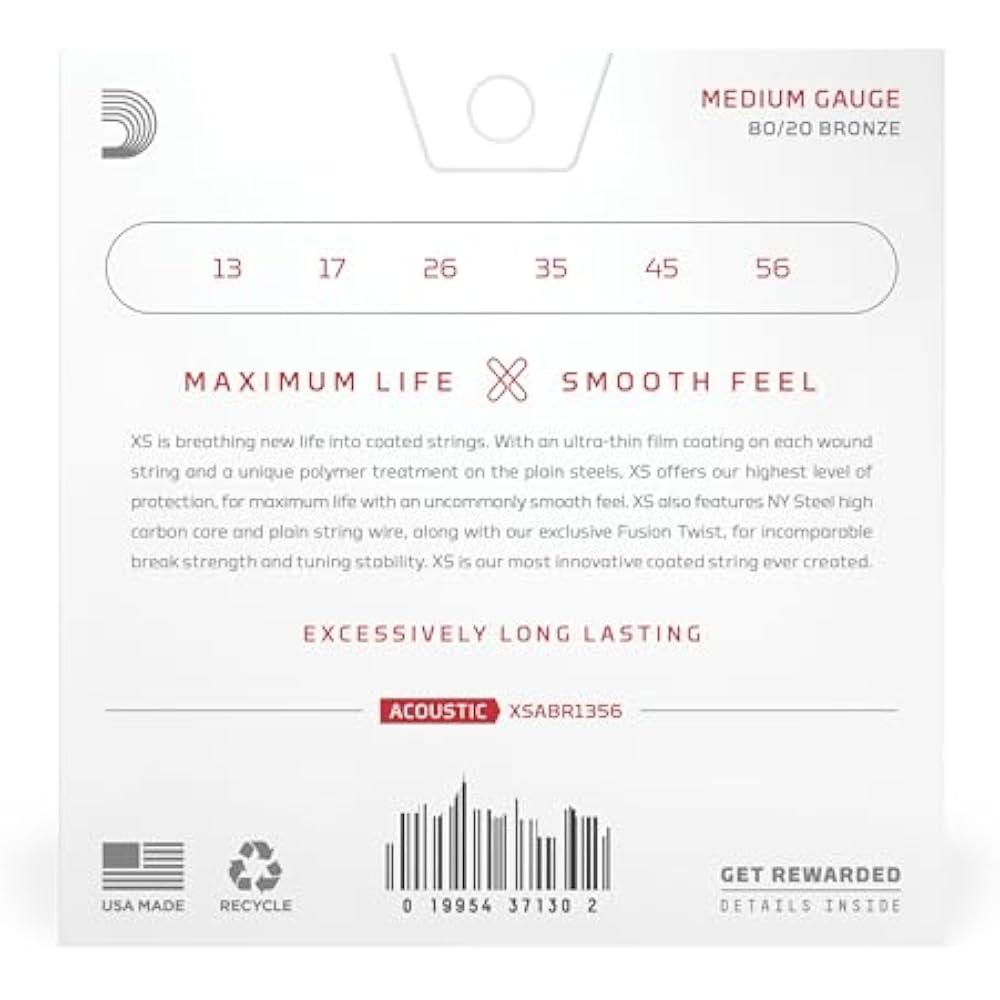 D'Addario Daddario Acoustic Guitar Strings XS Coated Strings 80/20 Bronze Medium .013-.056 XSABR1...