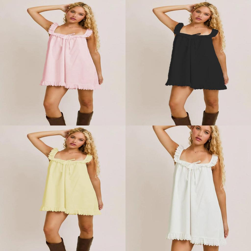 Polyester Summer Beach Dress For Women With Ruffled Lace And Bow Ties For Vacation Style