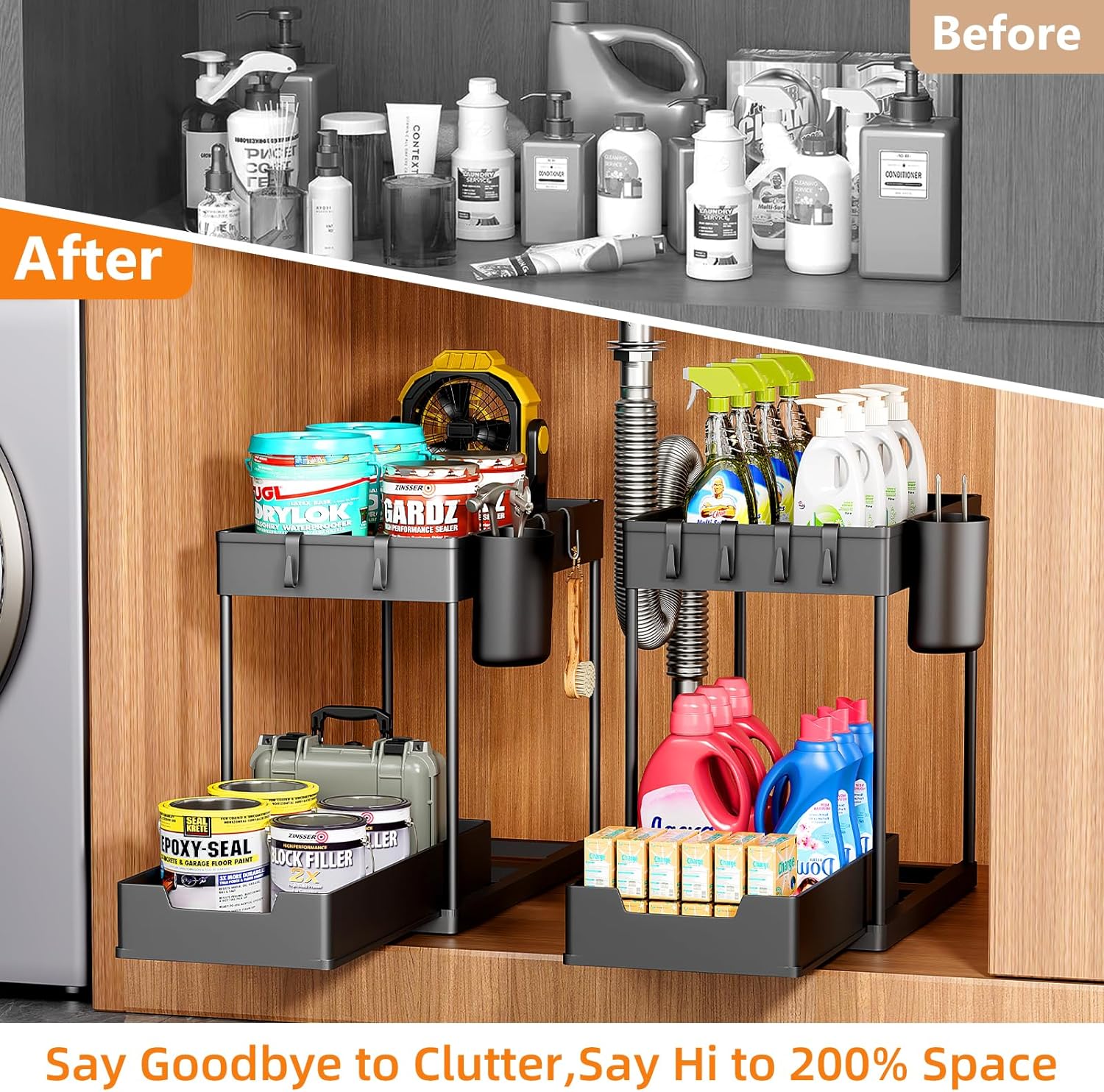 Organizer Sottolavello 2 Ripiani Estraibili Con Ganci E Tazze | Scaffale Regolabile Per Armadio Bagno E Cucina, 39,9x21,1x36,3 Cm